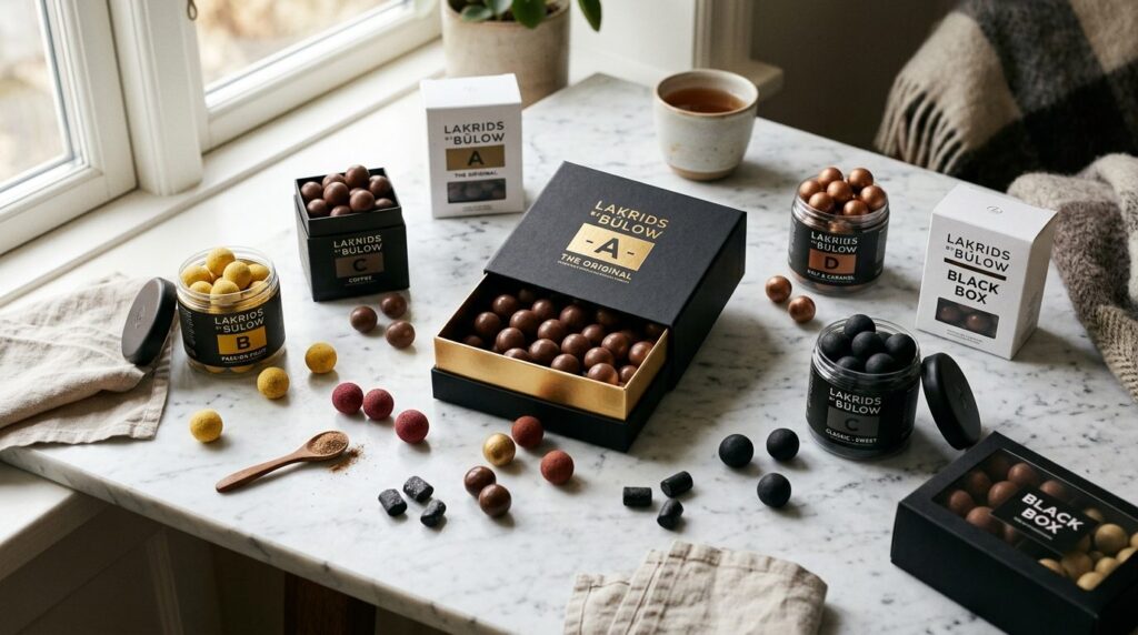 Close-up flat lay of luxury gourmet Danish licorice and choc