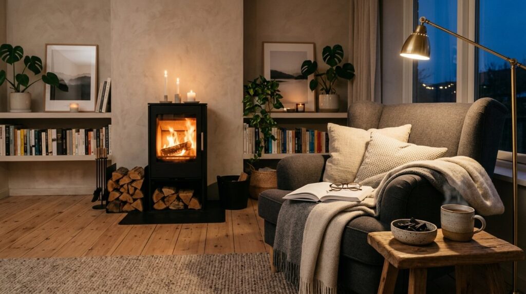 Scandinavian home interior evening scene with lit fireplace,