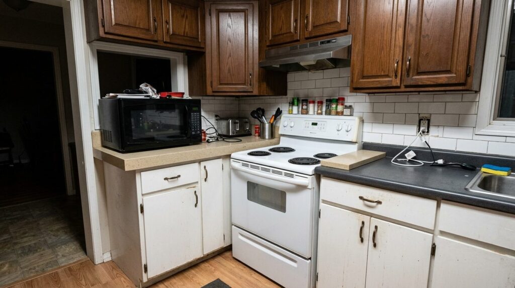 Close-up of kitchen cabinetry with mismatched materials and 