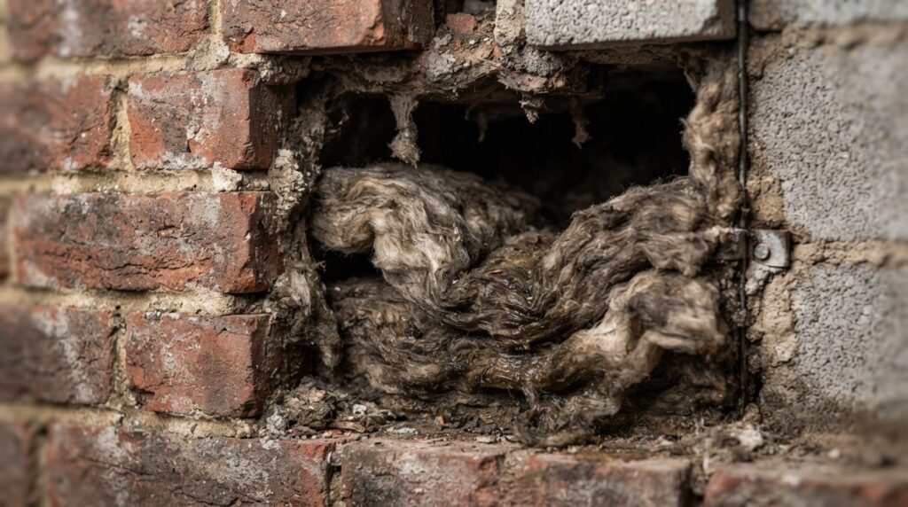 Close-up macro photography of cavity wall insulation cross-s