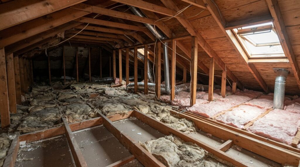 Attic loft space photograph showing inadequate insulation co