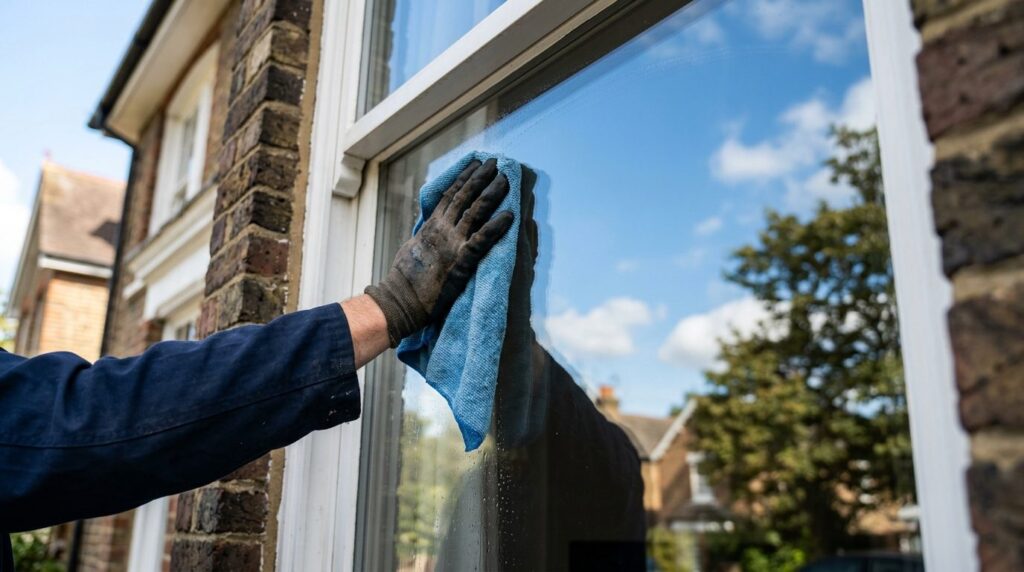 Close-up detail shot of a professional window cleaners hand
