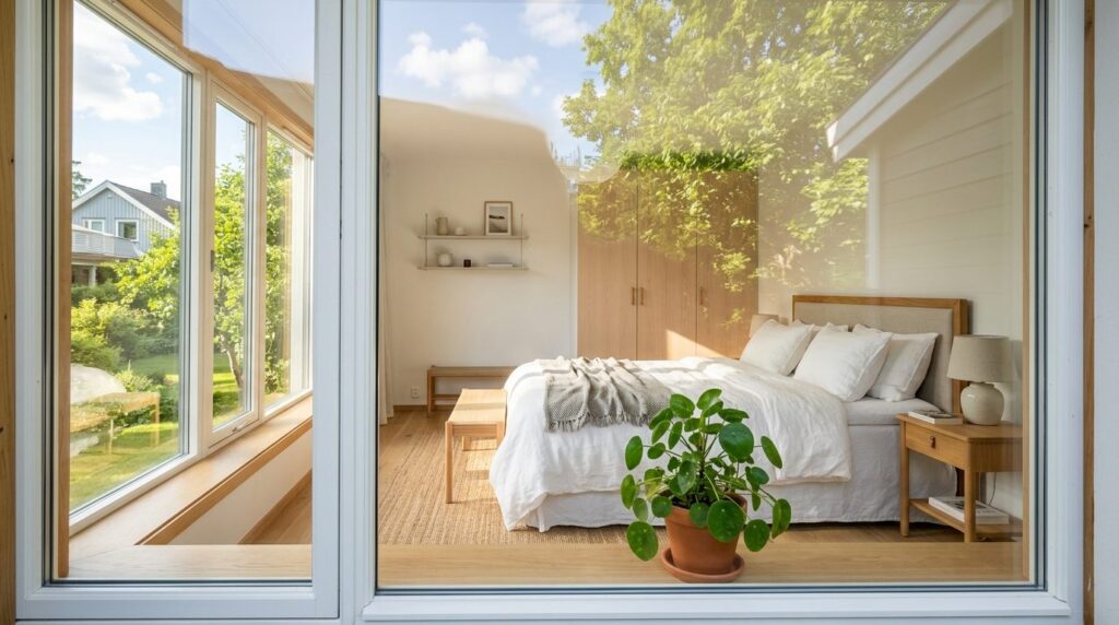 Bright Scandinavian bedroom viewed through large clean windo