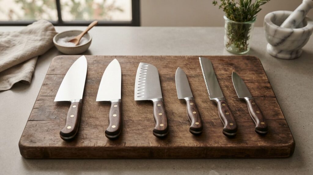 Close-up flatlay of premium kitchen knives on wooden cutting