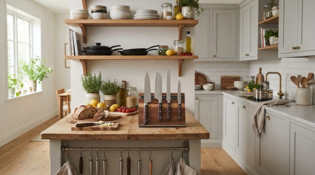 Modern kitchen interior with open shelving displaying curate