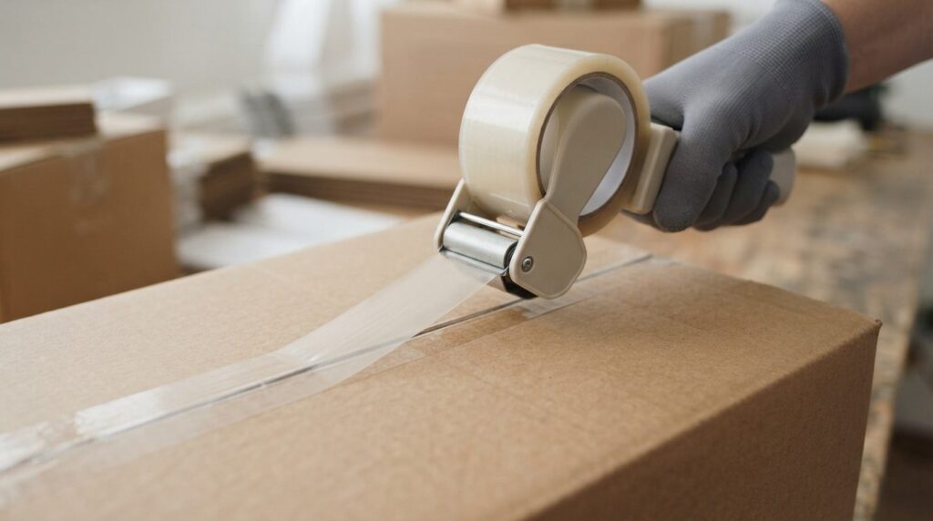 Close-up detail shot of quiet low-noise packing tape being a
