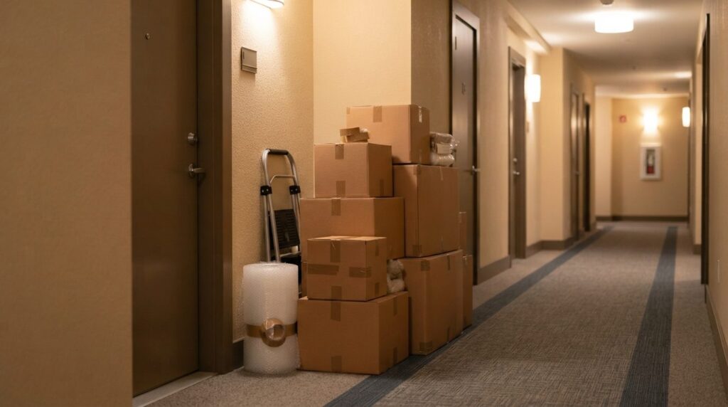 Residential apartment hallway at dusk with stacked moving bo