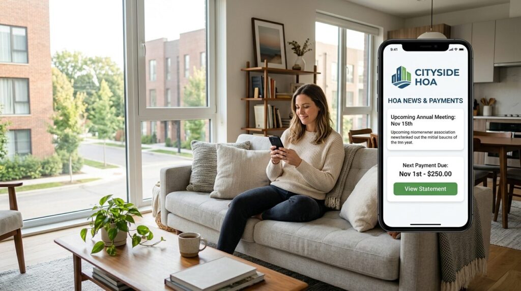 Modern living room with a woman sitting on a sofa using a mo