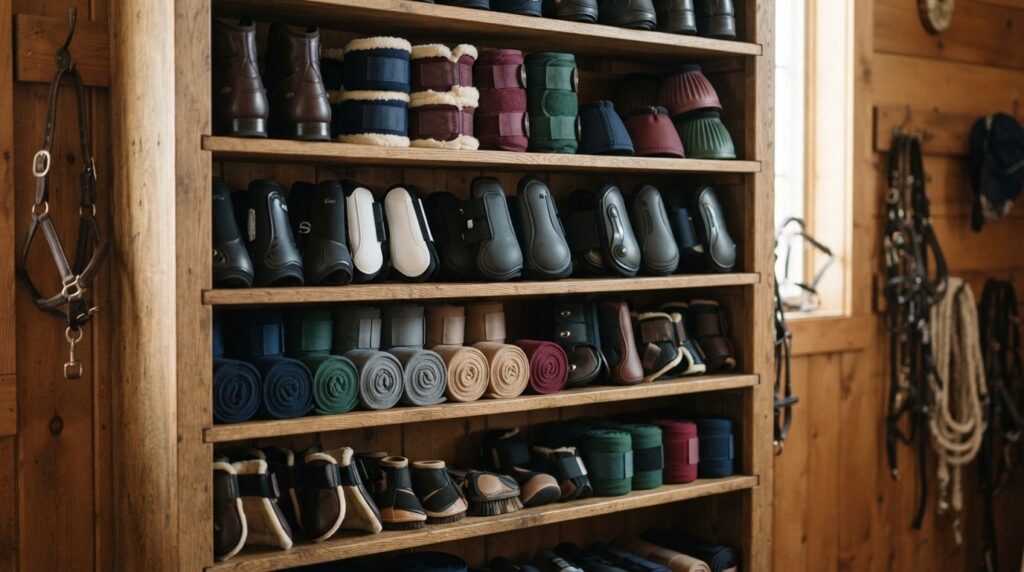 Close-up detail shot of a wooden shelving unit in a tack roo