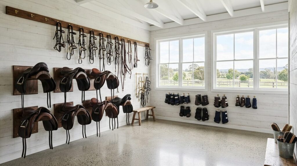 Bright, airy saddle room interior with whitewashed wooden wa