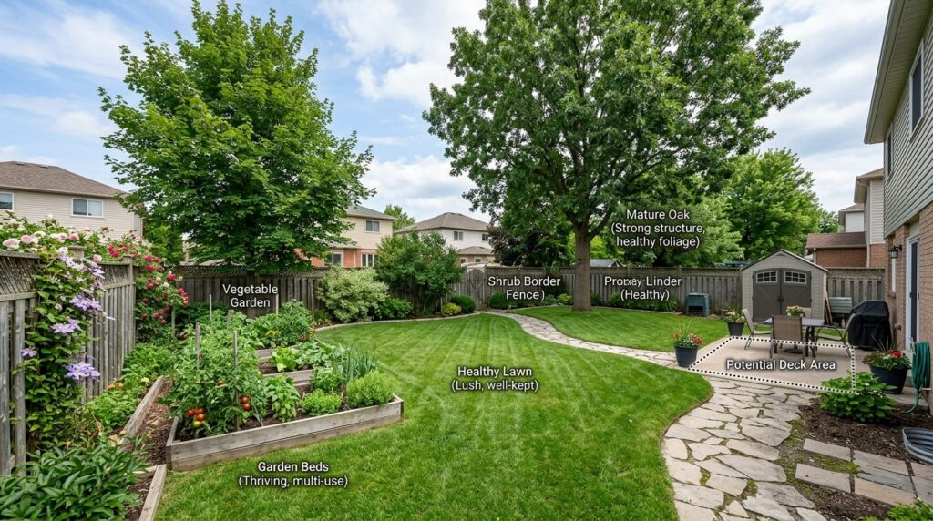Wide landscape photograph of suburban residential backyard s