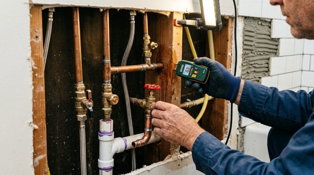 Close-up detail of a plumbers hands inspecting water pipes