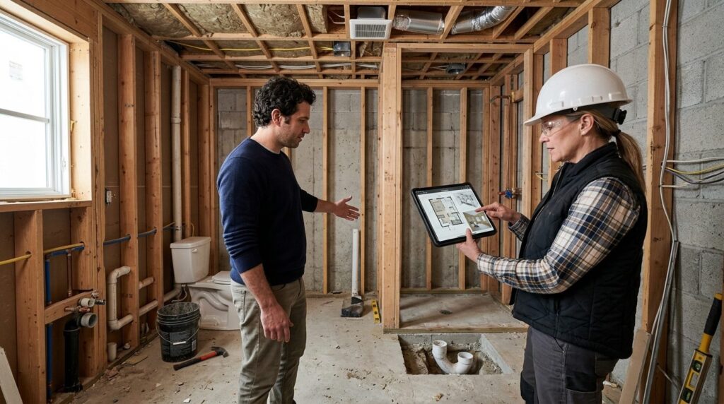 Modern bathroom renovation project with homeowner and contra