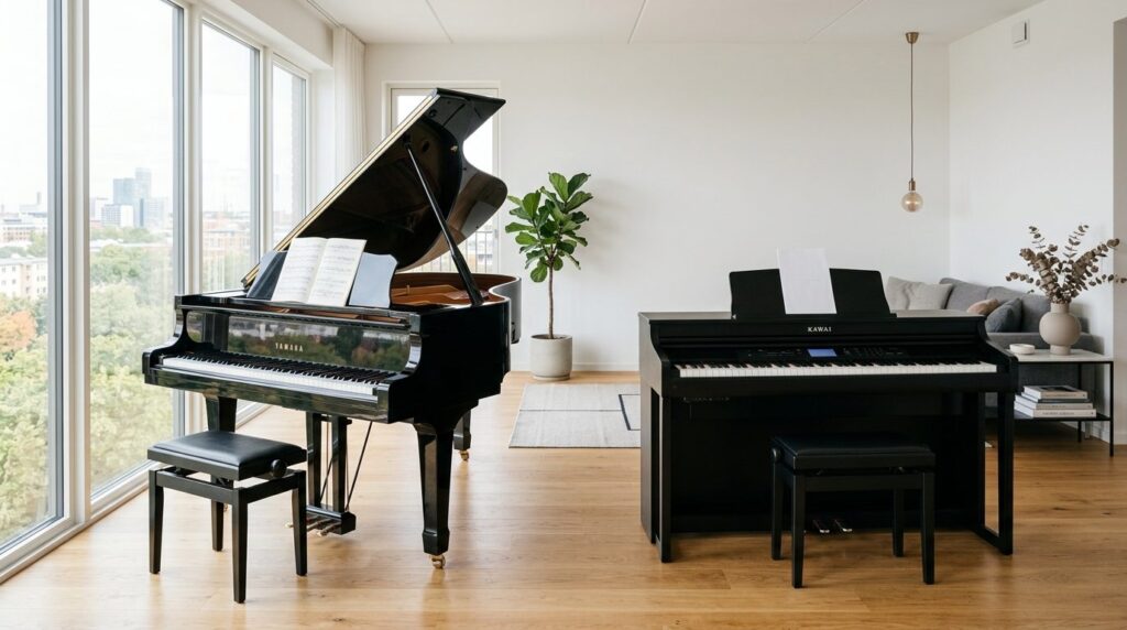 Deux pianos placés côte à côte, l'un acoustique et l'autre électronique, pour montrer les différences visuelles entre les deu