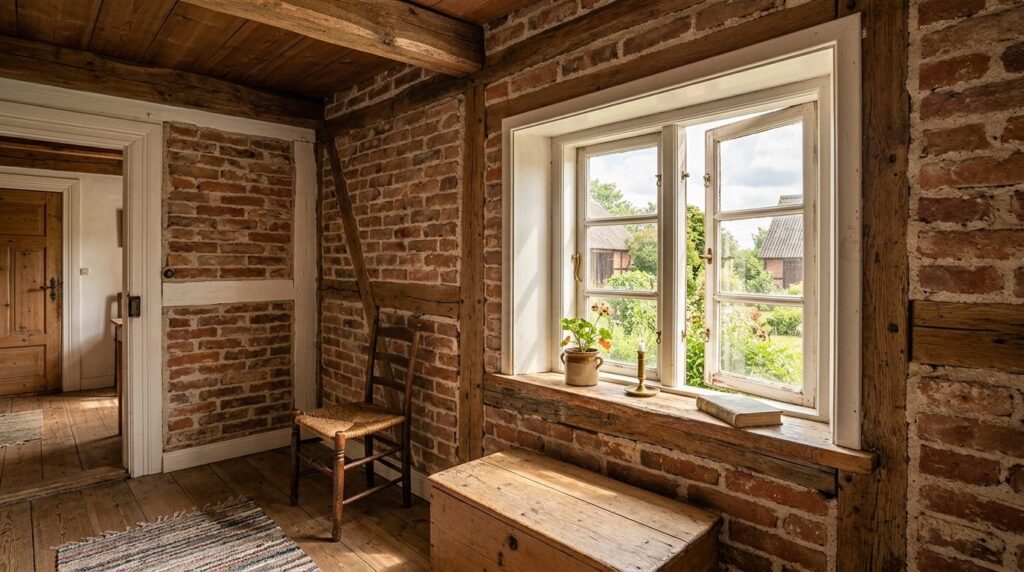 Interior view of a period Danish farmhouse room with traditi