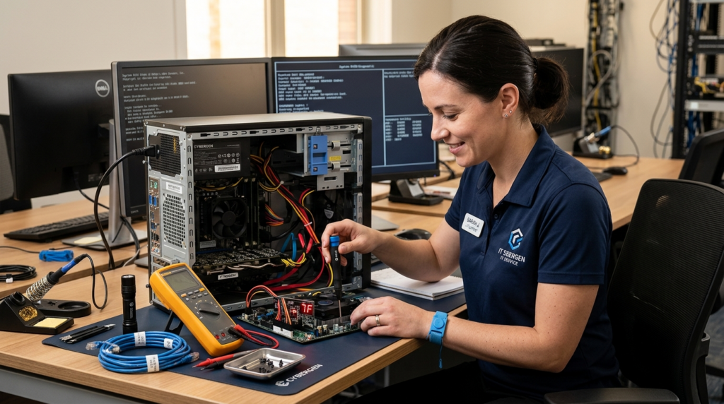 Close-up realistic photo of a skilled IT technician in profe