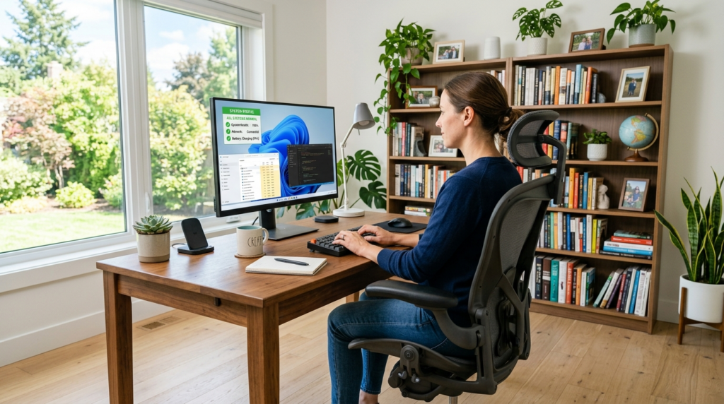 Wide shot of a bright, modern home office setup with a funct