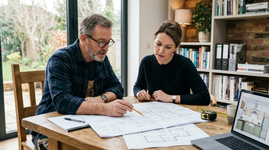 Experienced tradesman consulting with homeowner over archite