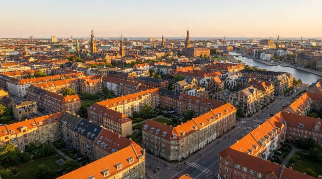 Aerial view of Copenhagen cityscape with residential buildin