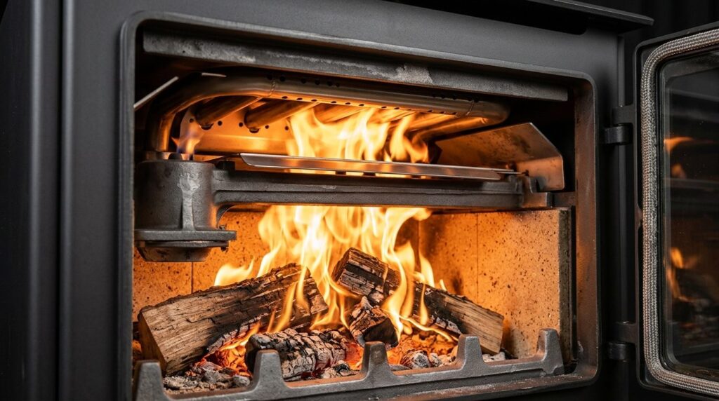 Close-up detail shot of advanced wood stove burner mechanism