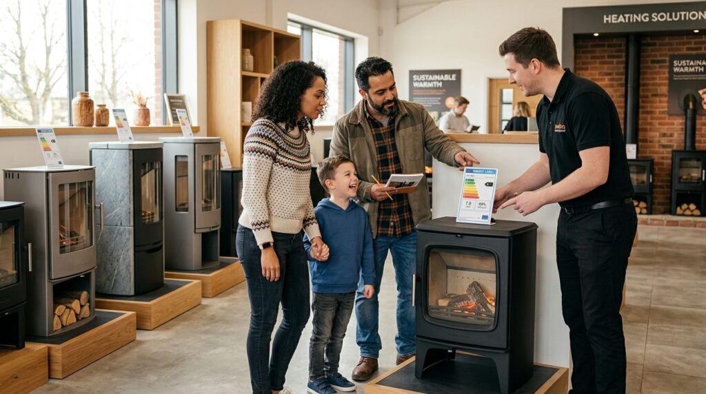 Family choosing between different heating stove models in mo