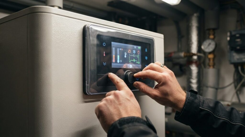 Close-up technical photograph of a heat pump control panel d