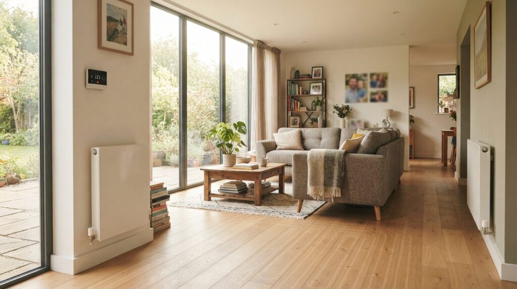 Interior photograph of a modern living room with underfloor 