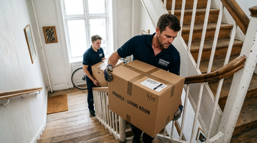 Close-up professional image of movers carrying cardboard box