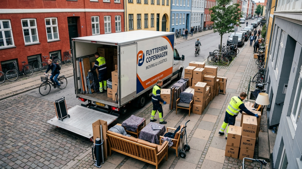 Overhead view of a moving van parked on Copenhagen street wi
