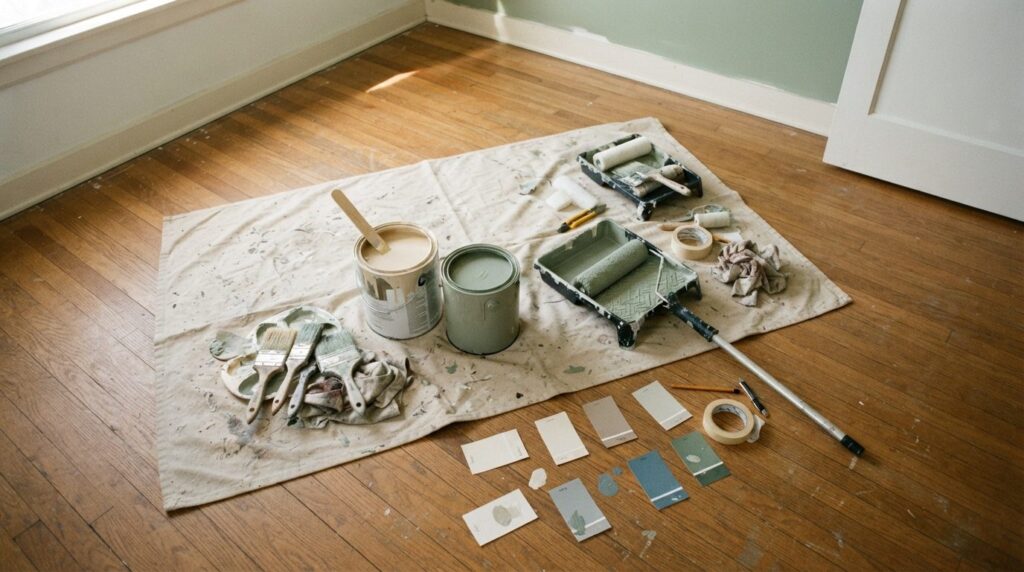 Realistic overhead shot of painters workspace showing open