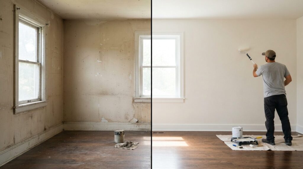 Professional before and after split-screen comparison showin