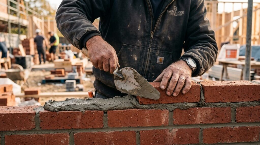 Close-up of masons hands laying bricks with mortar and trow