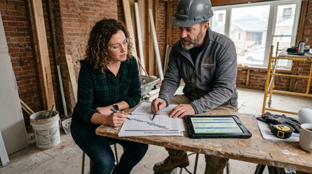 Homeowner and professional mason contractor reviewing renova