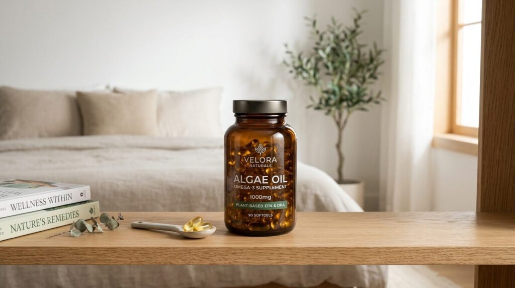 Close-up product photography of premium algae oil omega-3 su