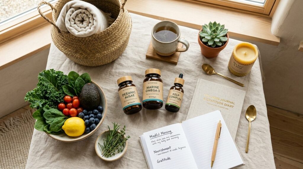 Overhead flat lay photography of a sustainable wellness rout