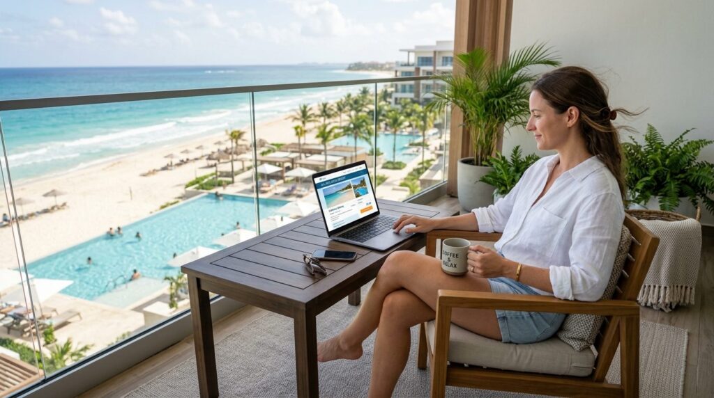 Photorealistic stock photo of a person using a laptop on a c
