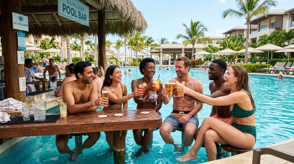 Photorealistic stock photo of a diverse group of friends toa