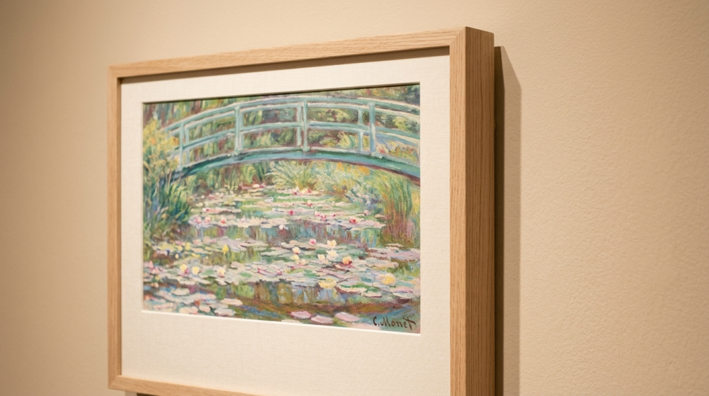 Close-up detail shot of a framed Monet Japanese bridge print
