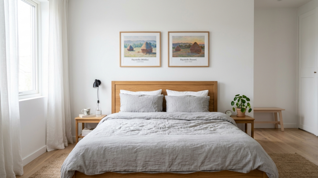 Scandinavian bedroom interior with soft grey bedding and whi