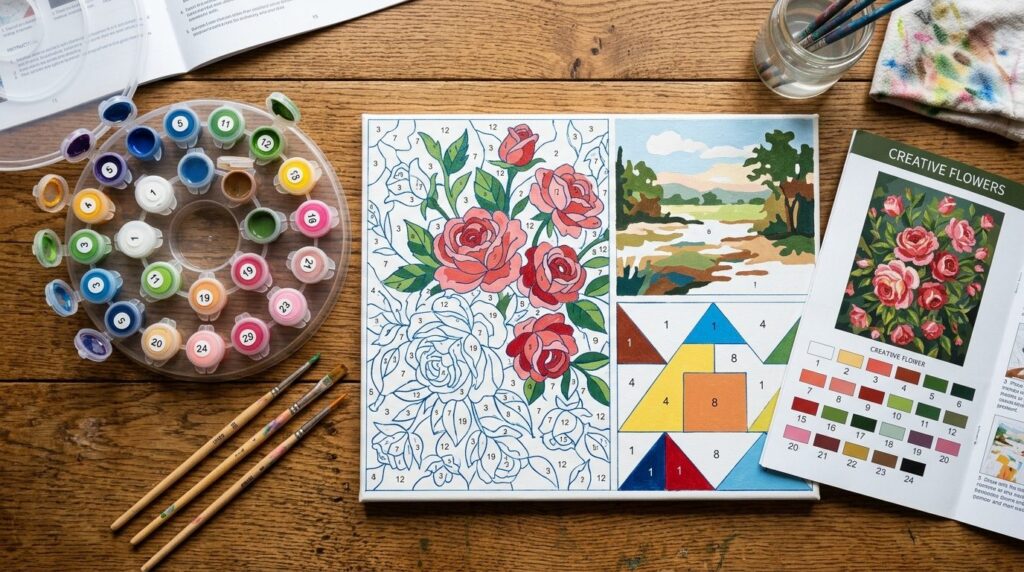 Close-up flatlay photograph of paint-by-numbers supplies on