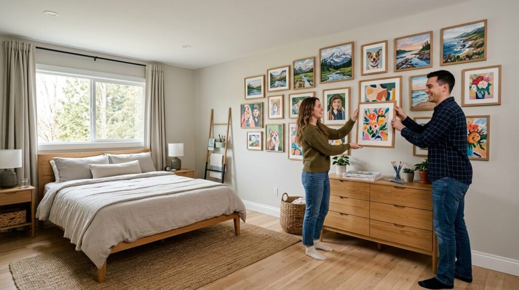 Wide-angle photograph of a newly renovated bedroom with empt