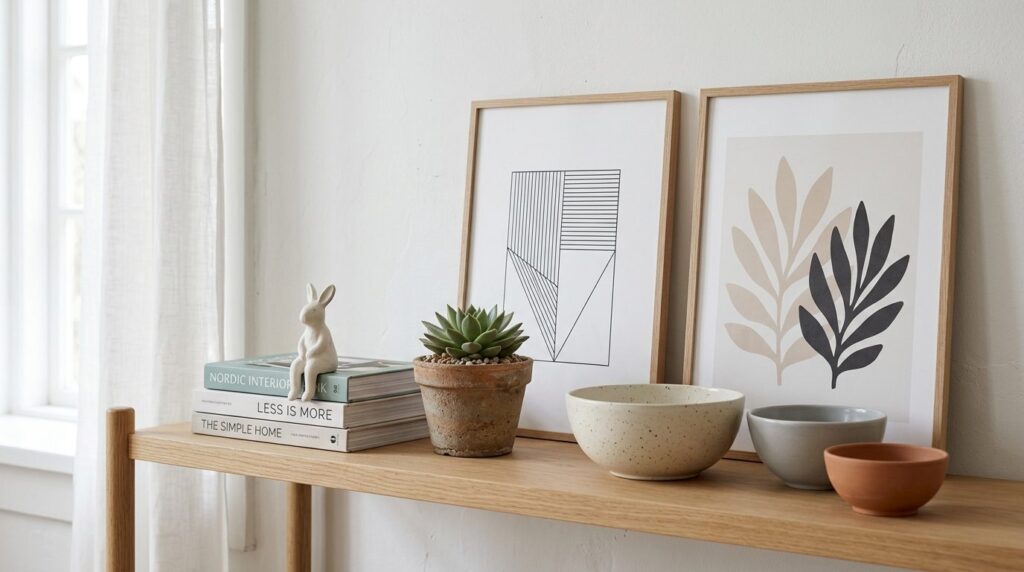 Close-up professional photograph of a styled shelf display a