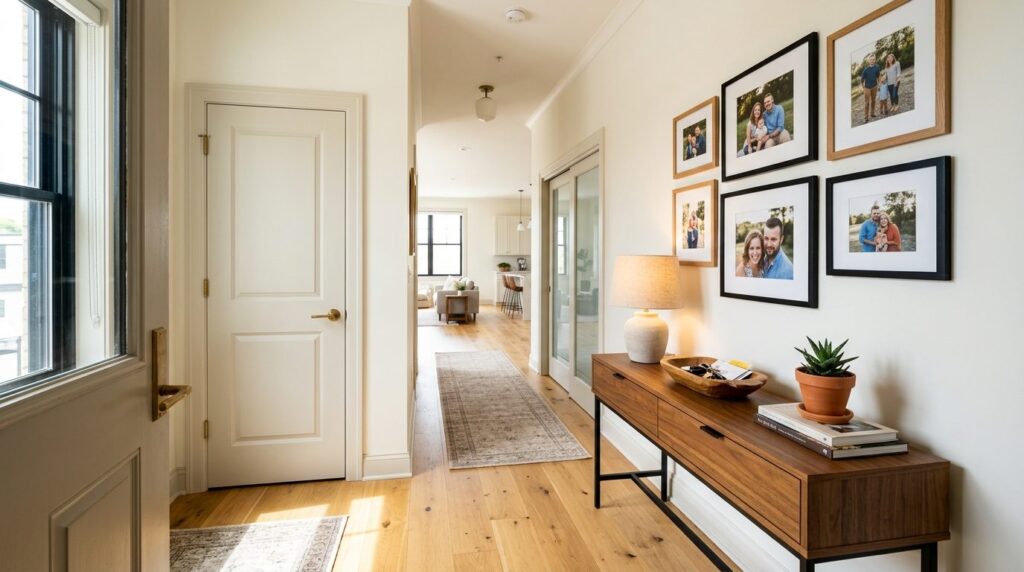 Wide shot of a bright, airy entryway in a newly renovated ap