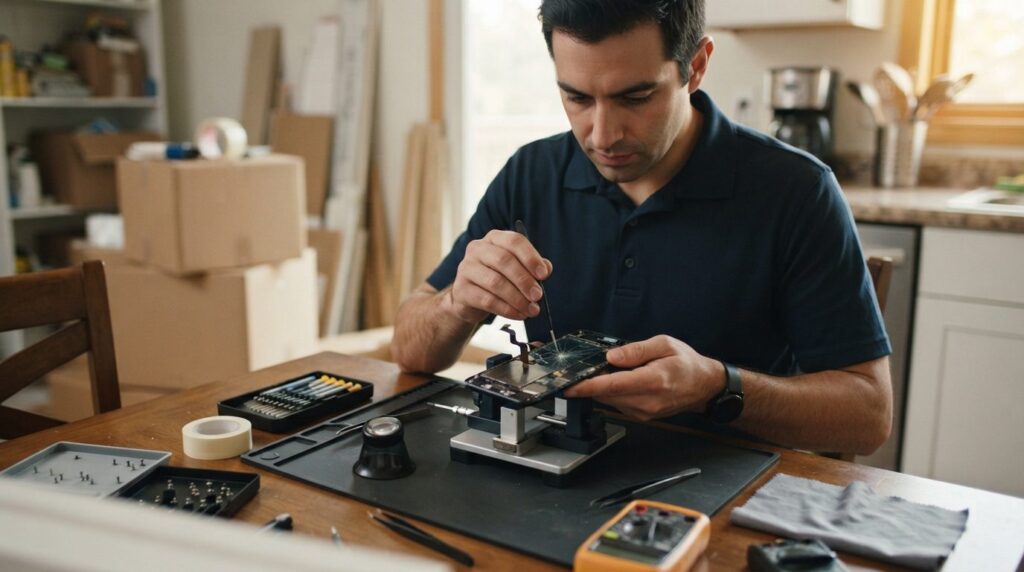 Mobile repair technician with diagnostic tools fixing cracke