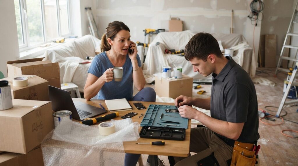 Busy homeowner multitasking during renovation receiving quic