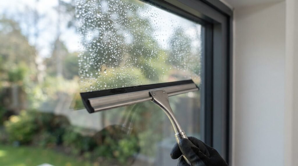 Close-up photorealistic shot of a professional window cleane