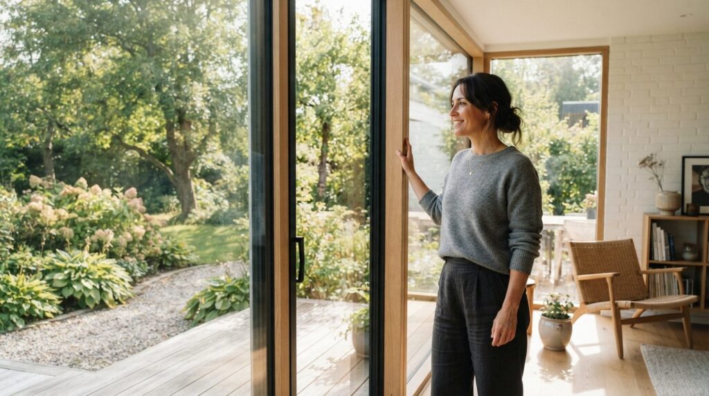 Photorealistic image of a homeowner admiring newly cleaned w