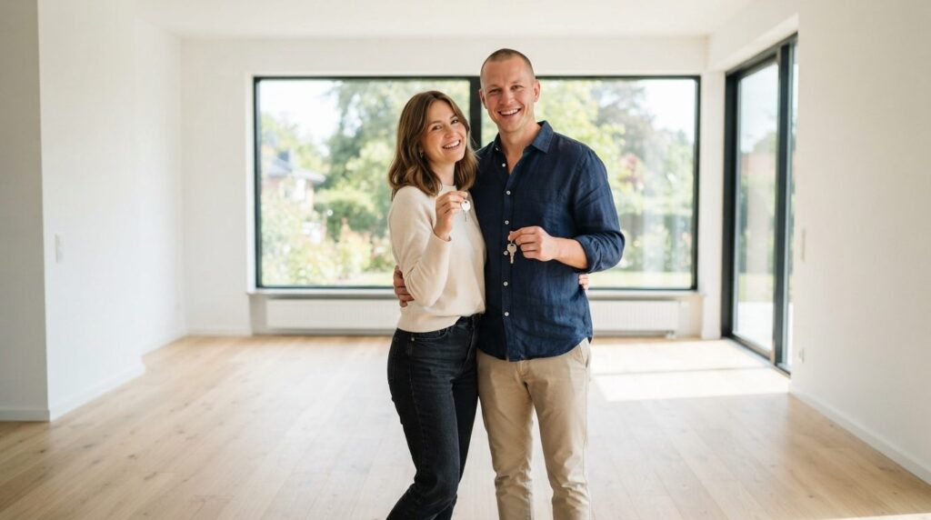 Realistic photograph of a young couple standing in an empty