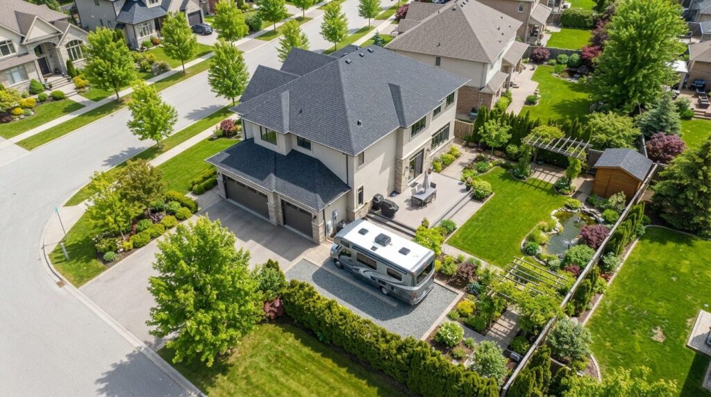 Overhead aerial view of a spacious residential property with