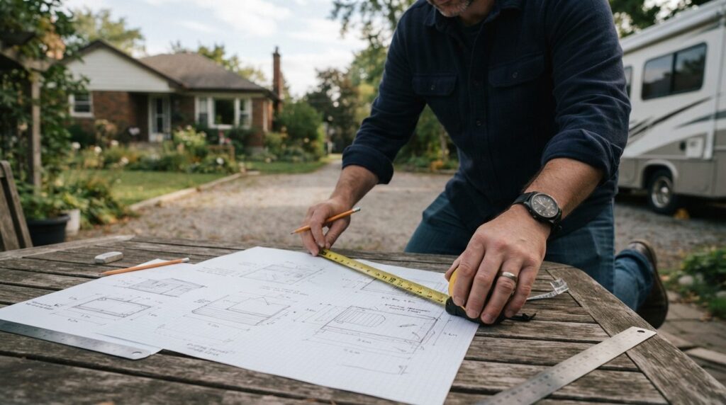 Close-up detail shot of a homeowner measuring and planning a